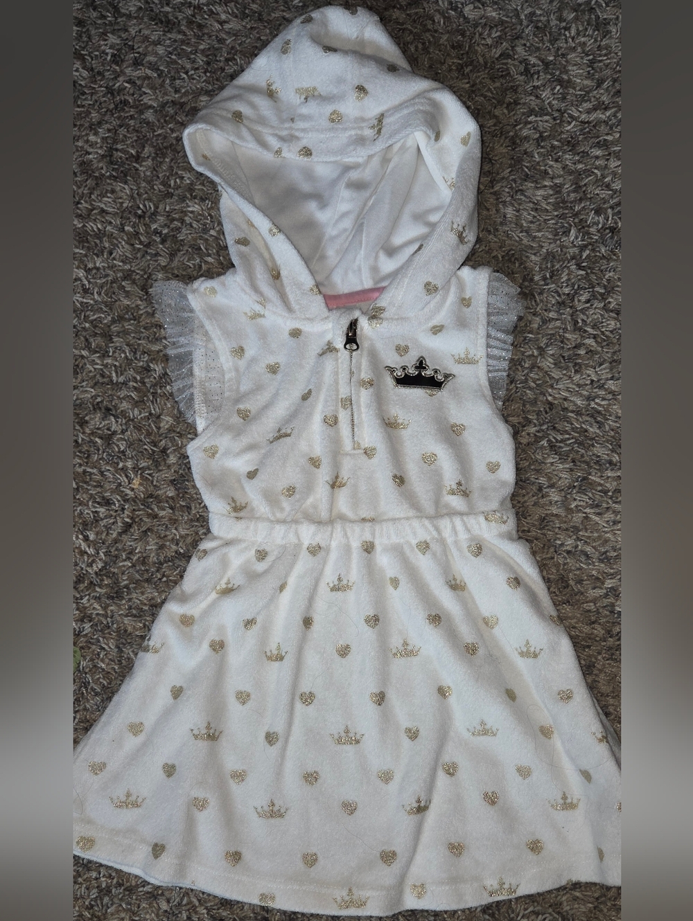 Disney White Hooded Zip Swimsuit Cover Up Dress W/Gold Hearts and Silver Crown